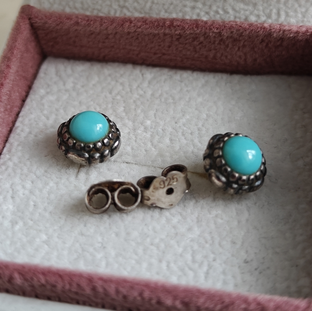 Original Pandora Turquoise Stud Silver Earrings - Picture 6 of 8